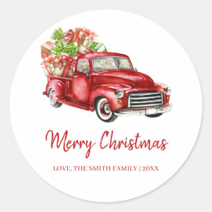 Sticker Rond Boîte Vintage Rustique cadeau Camion Rouge Joyeux 