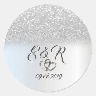Sticker Rond Bokeh Pailleté Argent Élégant, Cœurs  Mariage