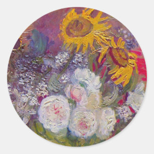 Sticker Rond Bol avec tournesols et roses par Vincent van Gogh