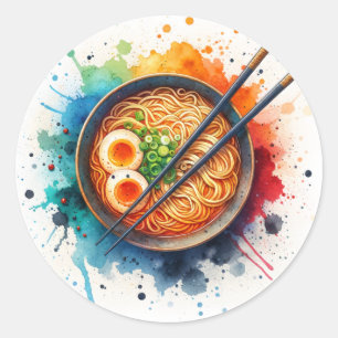 Sticker Rond Bol de nouilles de Ramen, d'oeufs et de baguettes
