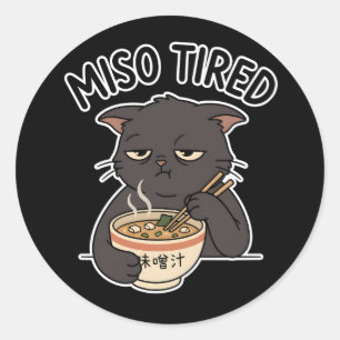 Sticker Rond Bol humoristique de ramen fatigué au miso de chat 