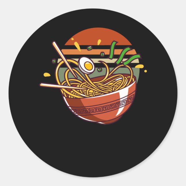 Sticker Rond Bol Ramen rétro avec baguettes nouilles japonaises (Devant)