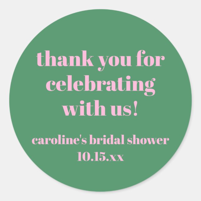 Sticker Rond Bold Pink Green Custom Bridal Shower  Thank You (Devant)