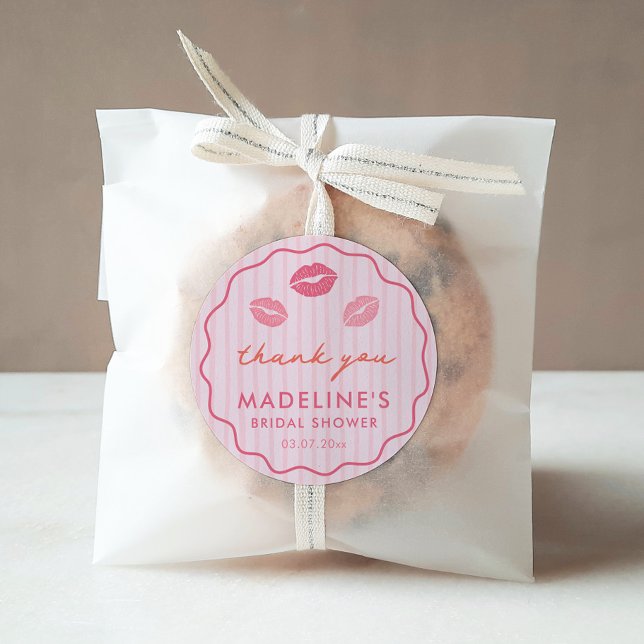 Sticker Rond Bold Pink Valentine's Day Bridal Shower Favor (Pink Lips Kiss The Miss Goodbye Bridal Shower Favor stickers with hand-drawn original art)