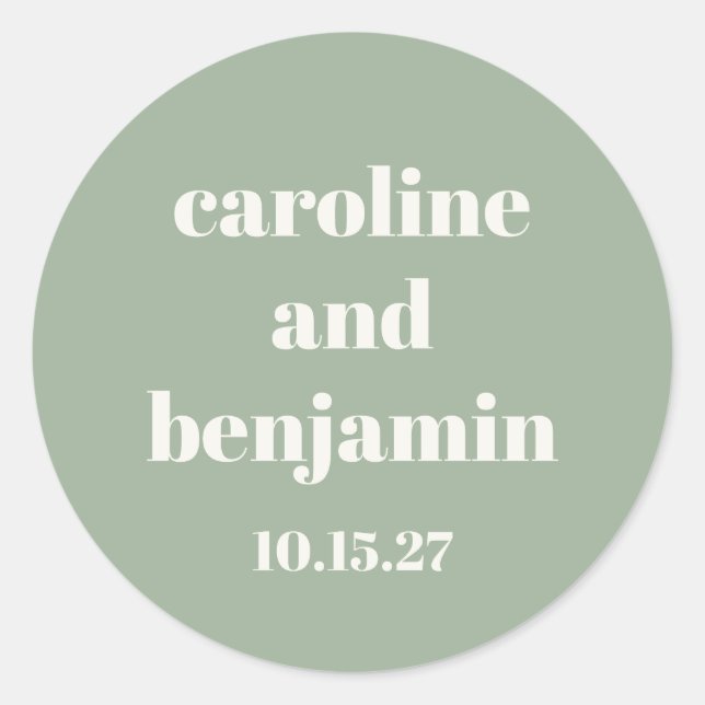 Sticker Rond Bold Sage Green Chic Mariage moderne Personnalisé (Devant)