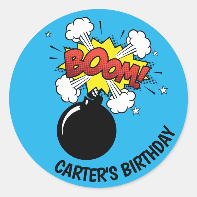 Sticker Rond Bombe d'anniversaire de Super Héros livre de bande (Devant)
