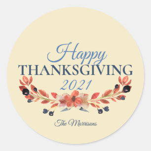 Sticker Rond bon thanksgiving Bleu Brown Floral Aquarelle 