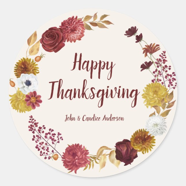 Sticker Rond Bon thanksgiving Bourgogne Gold Floral Wreath (Devant)