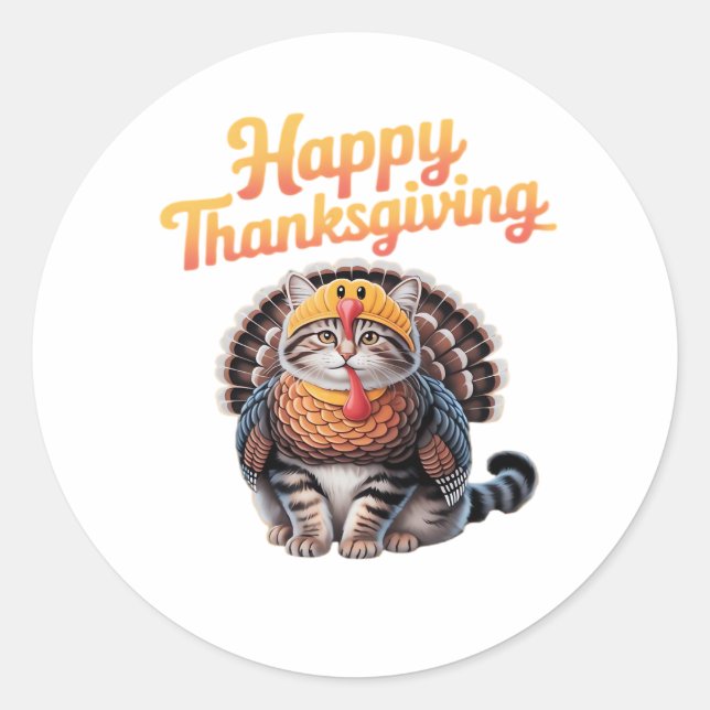 Sticker Rond Bon thanksgiving Chat Turquie Fête Automne Classiq (Devant)