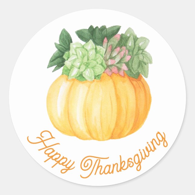 Sticker Rond Bon thanksgiving. Citrouille aquarelle succulents (Devant)