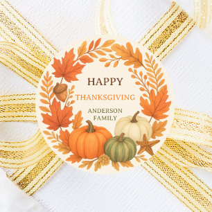 Sticker Rond Bon thanksgiving citrouille chute feuillage beige