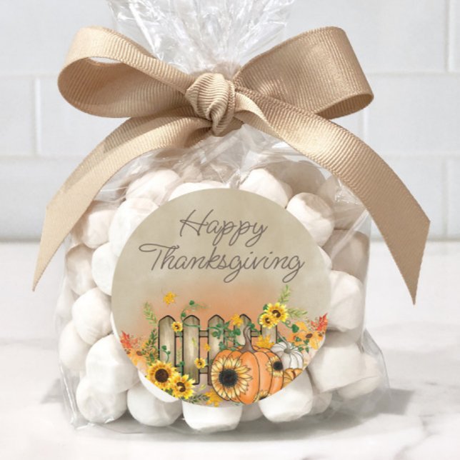 Sticker Rond Bon thanksgiving de clôture citrouille Sunflowers  (Sunflowers and pumpkins 
"Happy Thanksgiving" sticker)