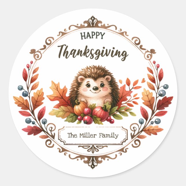 Sticker Rond Bon thanksgiving de hérisson mignon personnalisé (Devant)