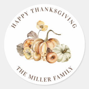 Sticker Rond Bon thanksgiving de noms Citrouilles d'aquarelle