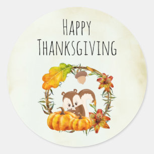 Sticker Rond Bon thanksgiving écureuil et Citrouille rustique