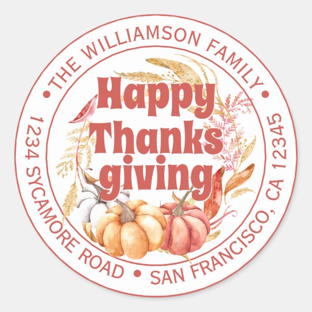 Sticker Rond Bon thanksgiving Nom de famille Adresse de retour (Devant)