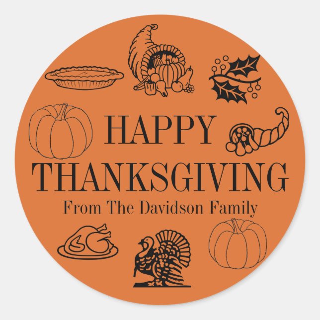 Sticker Rond Bon thanksgiving orange nom personnalisé mignon fa (Devant)