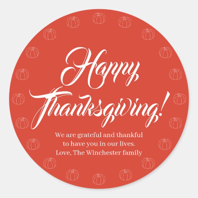 Sticker Rond Bon thanksgiving rouge texte du script citrouille  (Devant)