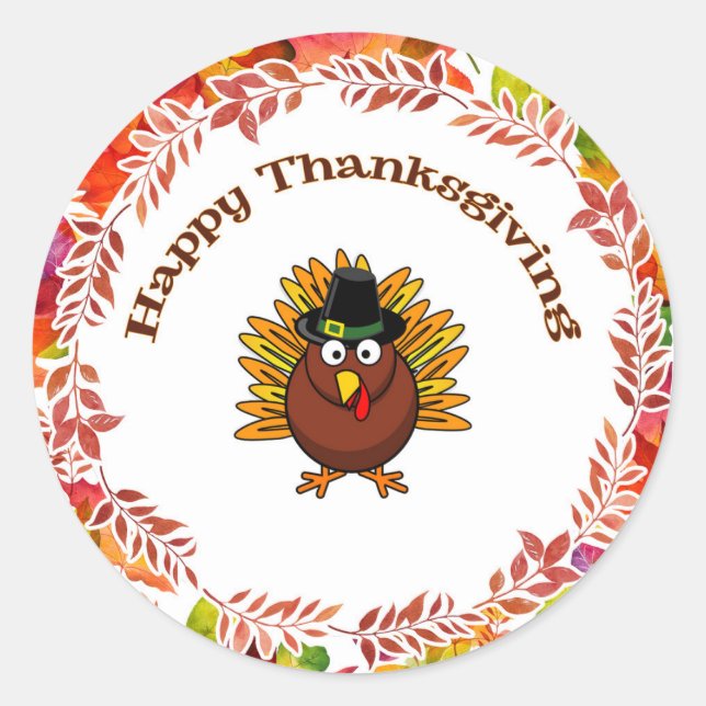 Sticker Rond Bon thanksgiving Turquie entourée de Feuilles d'au (Devant)