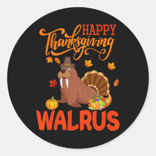 Sticker Rond Bon thanksgiving Walrus Costume Turquie Fall Leav