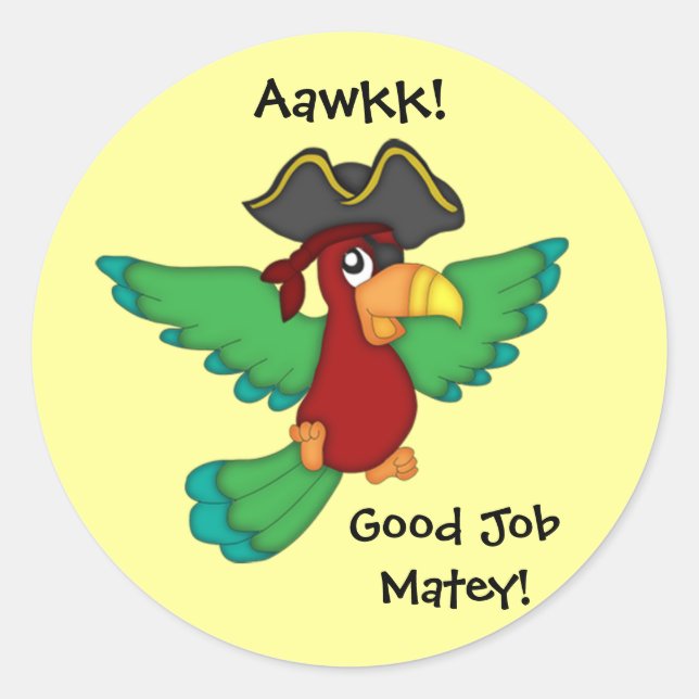Sticker Rond Bon Travail Matey ! - Pirate Parrot (Devant)