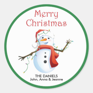 Sticker Rond Bonhomme de neige avec des lumières de Noël -