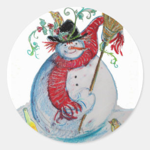 STICKER ROND BONHOMME DE NEIGE IVRE