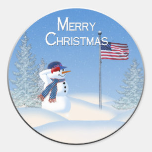 Sticker Rond Bonhomme de neige patriotique de Noël -