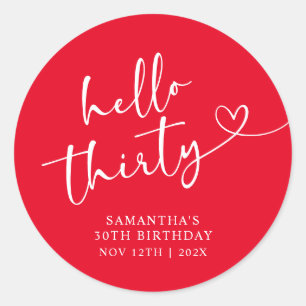 Sticker Rond Bonjour 30 ans Anniversaire Moderne Rouge Blanc