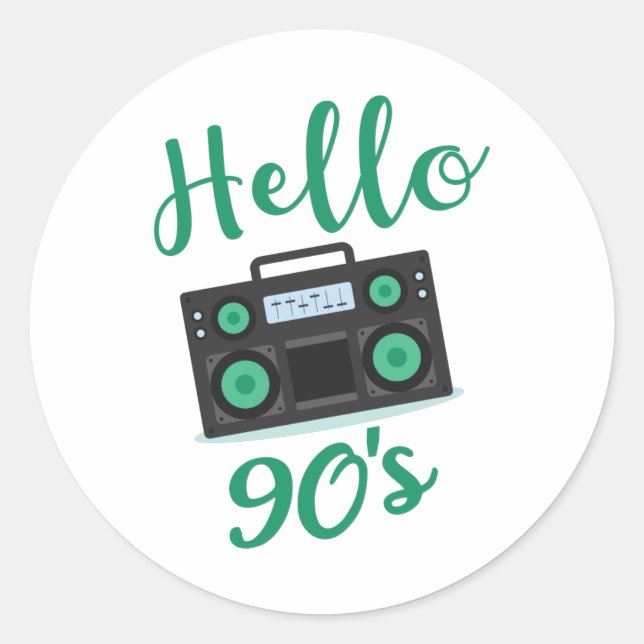 Sticker Rond Bonjour 90s radio cassette enregistreur (Devant)