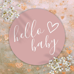 Sticker Rond Bonjour Baby shower fille Dusty Rose mignon coeur