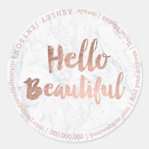 Sticker Rond Bonjour beau marbre rose de typographie d'or