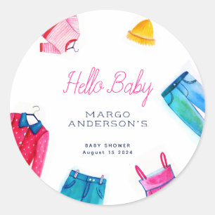 Sticker Rond Bonjour Bébé Baby shower de vêtements bleu rose