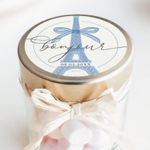 Sticker Rond Bonjour Bébé Blue Paris Eiffel Baby shower