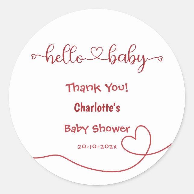 Sticker Rond Bonjour Bébé Red Heart Baby shower minimal (Devant)