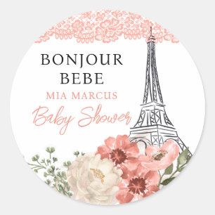 Sticker Rond Bonjour Bebe Tour Eiffel Baby shower Paris