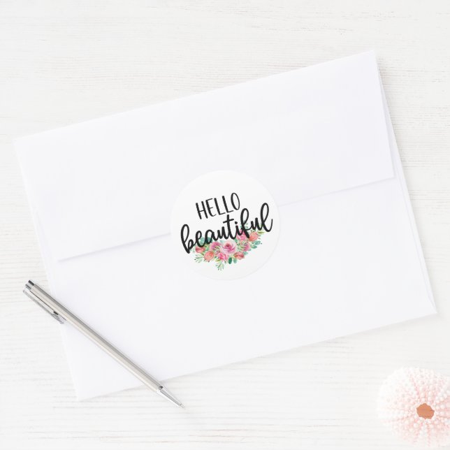 Sticker Rond Bonjour belle aquarelle Rose Typographie chic (Enveloppe)