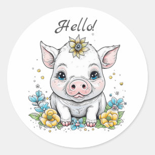 Sticker Rond Bonjour ! Cochon mignon avec Fleur sur sa tête