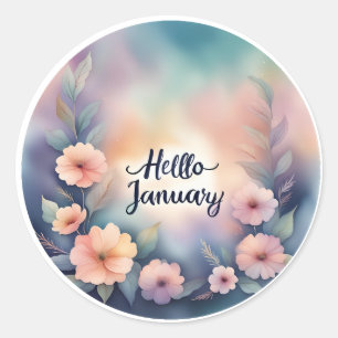 Sticker Rond Bonjour Janvier Fleurs Roses