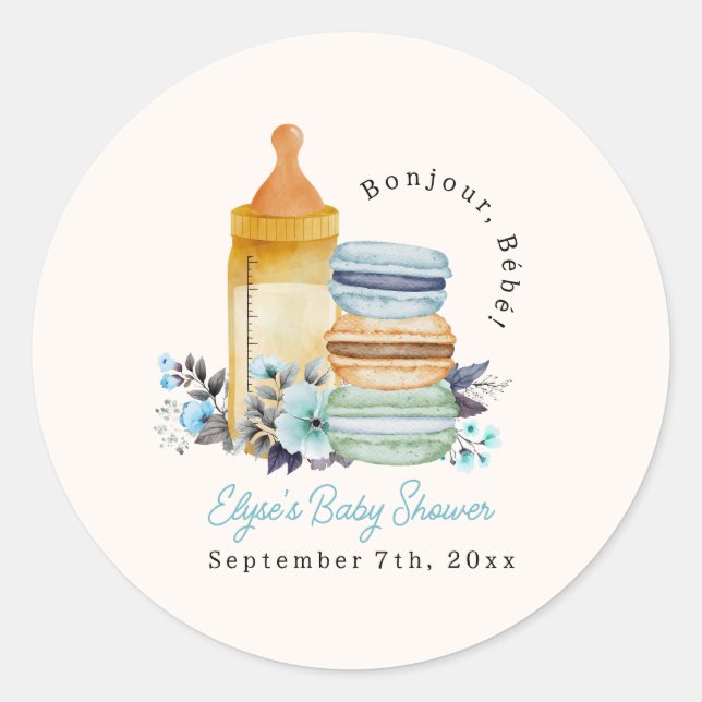 Sticker Rond Bonjour Macarons & Milk Boy Baby Shower (Devant)