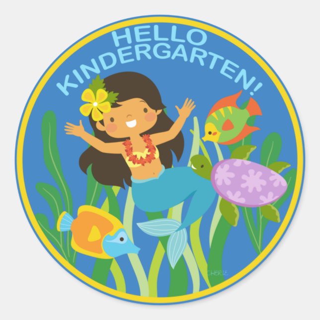 Sticker Rond Bonjour maternelle ! Petite sirène et poisson (Devant)