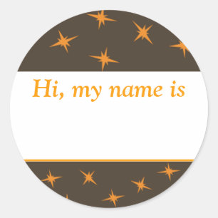 Sticker Rond "Bonjour, mon nom est ___" - Orange Stars On Brown