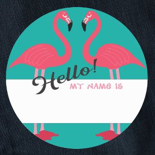 Sticker Rond Bonjour nom tag avec flamand rose turquoise