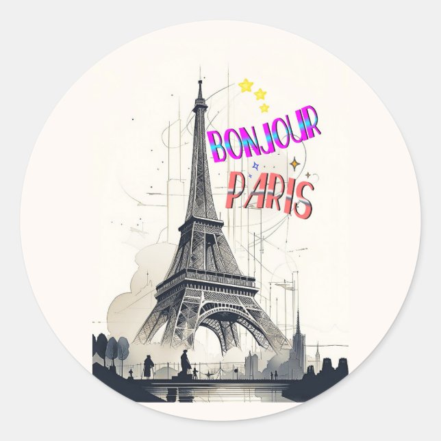 Sticker Rond Bonjour Paris coloré (Devant)