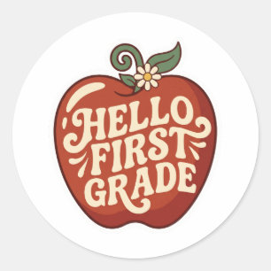Sticker Rond Bonjour Première Année Retro Pomme Retour à l'écol