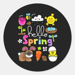 Sticker Rond Bonjour Printemps Et Lapin De Pâques Rabbit Enfant