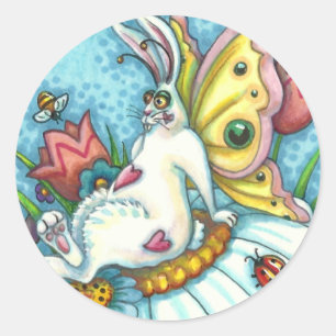 STICKER ROND BONJOUR PRINTEMPS FLUTTERBUN RABBIT, FUNNY BUNNY F