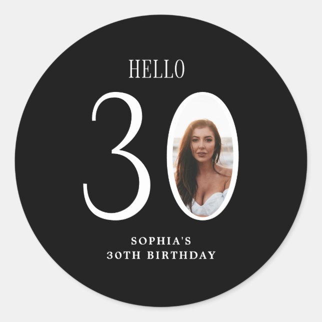 Sticker Rond Bonjour Trente Photo noir et blanc 30e anniversair (Devant)
