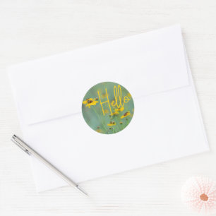 Sticker Rond Bonjour Typographie Fleur sauvage jaune Photograph