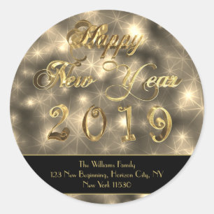 Sticker Rond Bonne année 2019 Elégant Black and Gold Stars